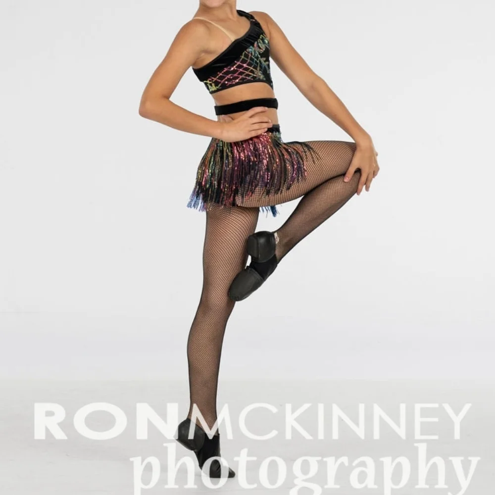Black Dance Two-Piece Set with Multicolor Sequin Fringe